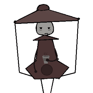 An drawing of airy, who's very tired and drinking a gas station coffee.